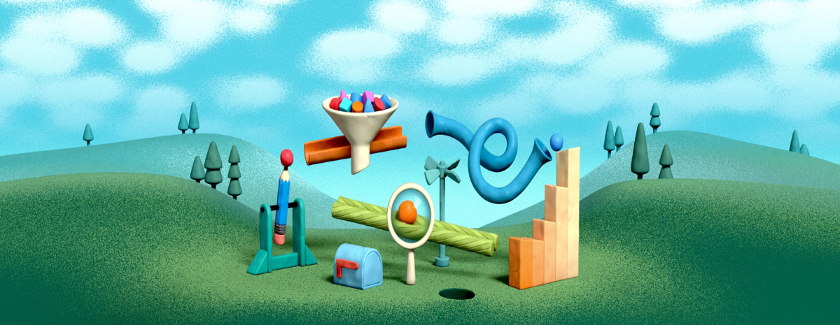 Composição editorial abstrata com uma estrutura azul ascendente e uma esfera laranja.